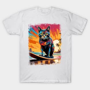 Cat Surfing Cute Colorful Comic Illustration T-Shirt